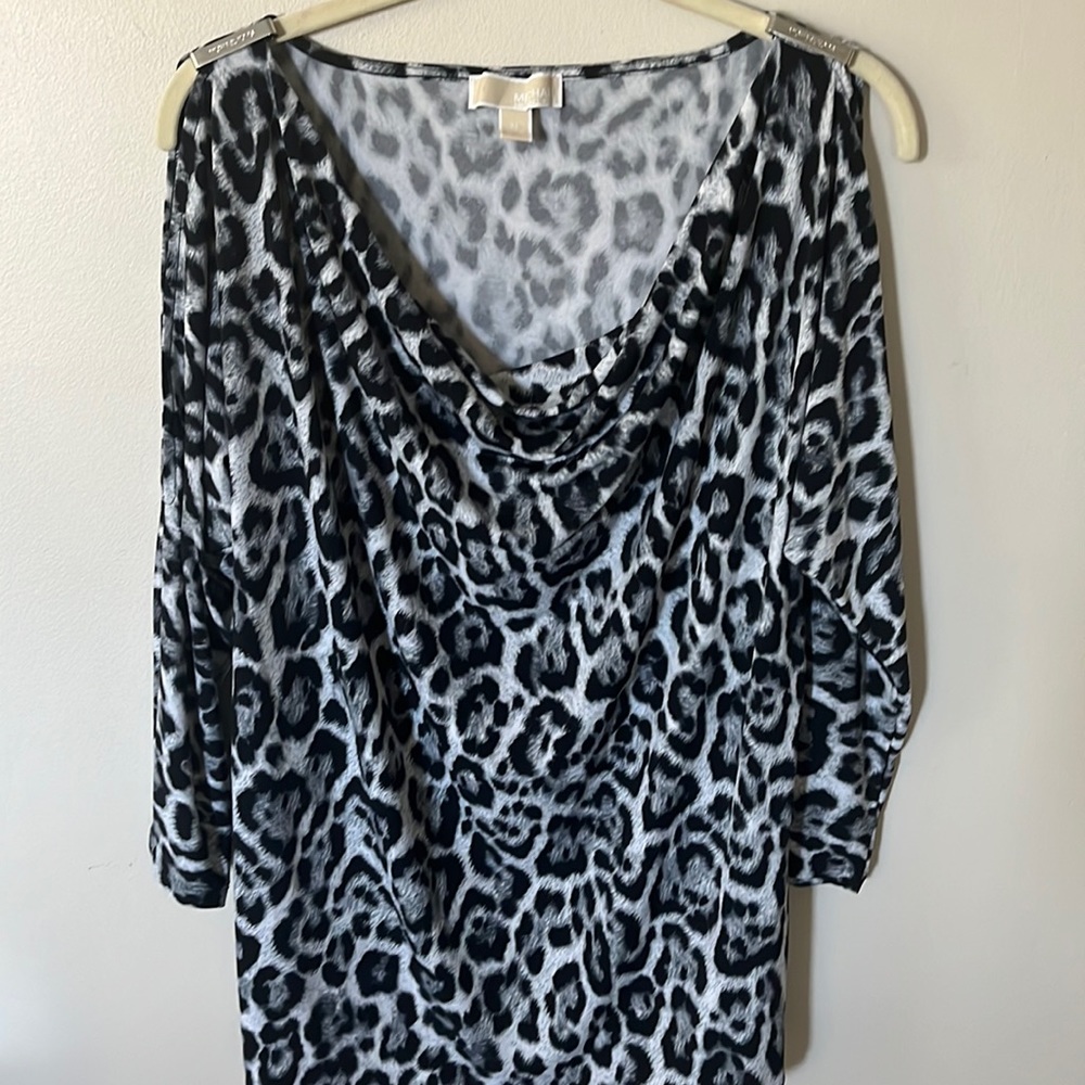 Michael Kors Black and White Leopard Print Cowl Neck Top
